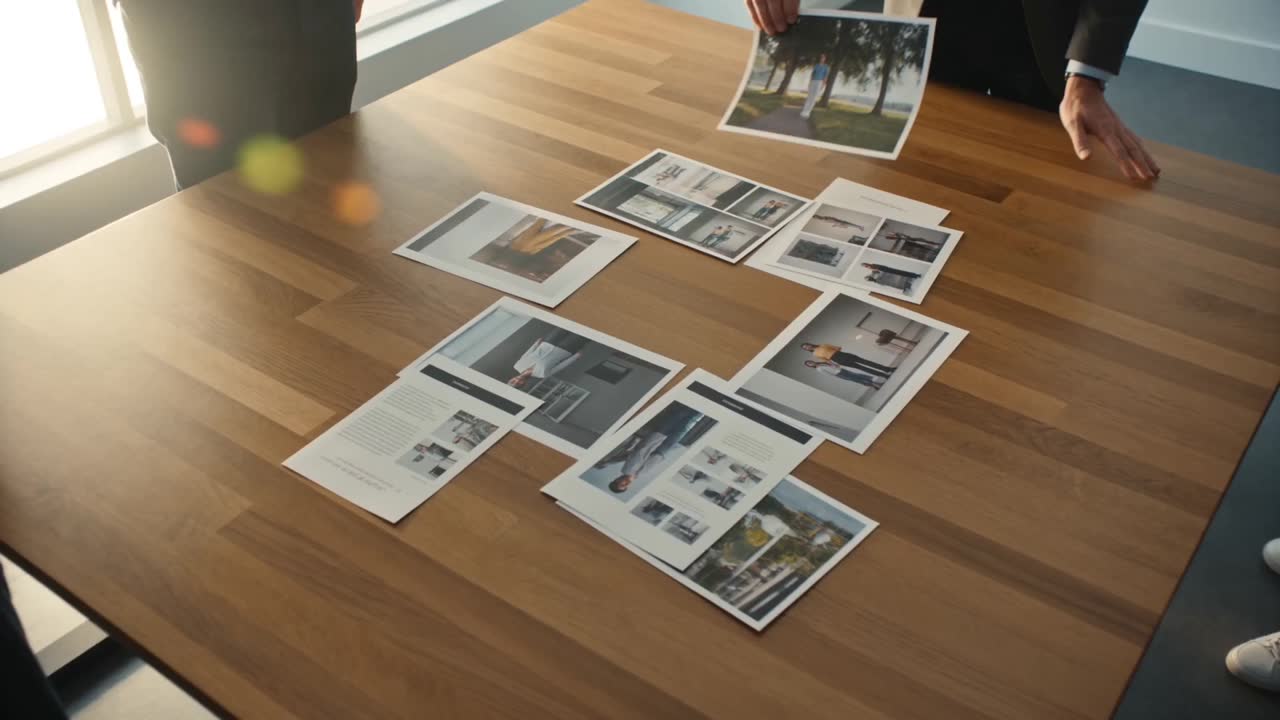 Hände ordnen gedruckte Kampagnen-Layouts auf einem großen Tisch.